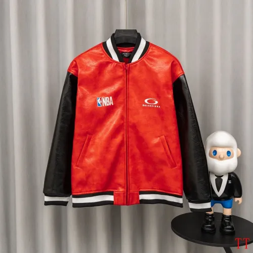 Balenciaga Red Faux Leather NBA 10 Heavy Embroidery Varsity Jacket #A69174