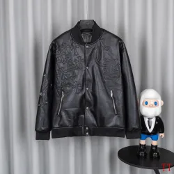 Chrome Hearts Black Faux Leather Heavy Embroidery Varsity Jacket #A69172