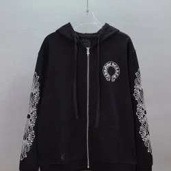 Chrome Hearts Horseshoe Floral Print Full Zip‑Up Hoodie Jacket, Black & White #A67842