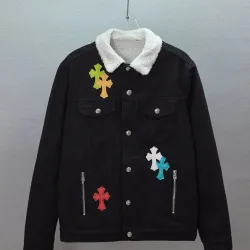 Chrome Hearts Multicolor Cross Patch Sherpa Collar Denim Jacket Black #A67861