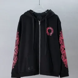 Chrome Hearts Pink Horseshoe Floral Print Full Zip‑Up Hoodie Jacket, Black #A67844