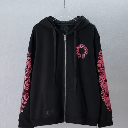 Chrome Hearts Pink Horseshoe Floral Print Full Zip‑Up Hoodie Jacket, Black #A67844