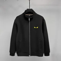Fendi Full Zip Stand Collar Sweat Jacket With Yellow Eyes Logo, Black #A69403