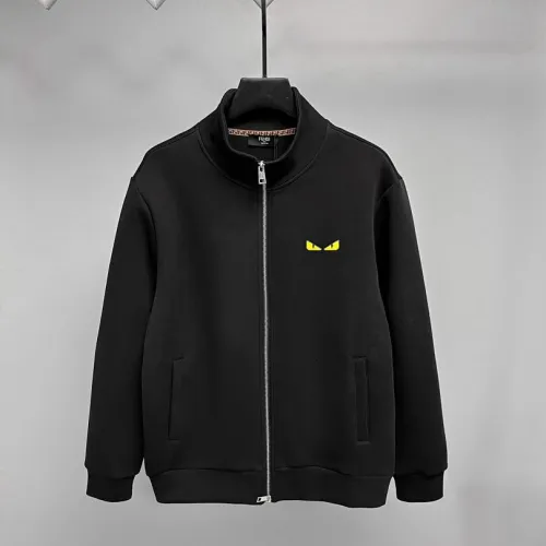 Fendi Full Zip Stand Collar Sweat Jacket With Yellow Eyes Logo, Black #A69403