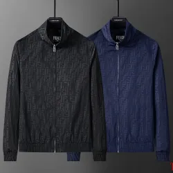 Fendi Men FF Embossed Stand‑Collar Zip‑Up Jacket | Black & Navy Blue #A68150