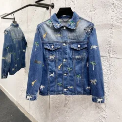 LV x Pharrell Animal Embroidered Loose Denim Jacket #A67672