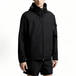 Moncler Hooded Full‑Zip Windbreaker Jacket, Black #A68449