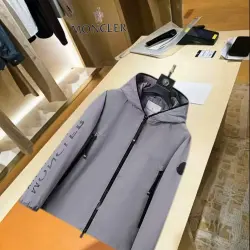 Moncler Letter‑Print Hooded Full‑Zip Windbreaker Jacket, Light Gray #A68464