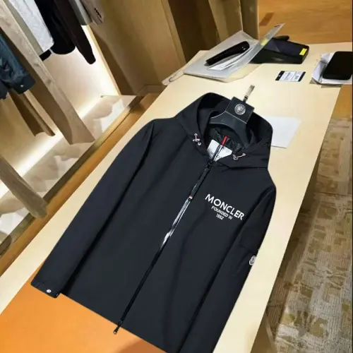 Moncler Printed‑Logo Hooded Full‑Zip Windbreaker Jacket, Black #A68458