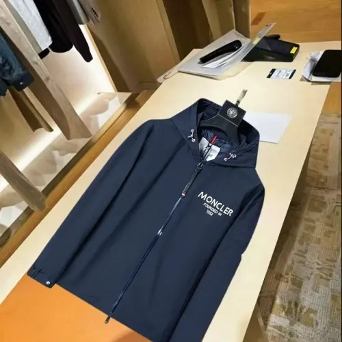 Moncler Printed‑Logo Hooded Full‑Zip Windbreaker Jacket, Navy #A68459