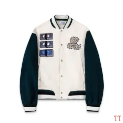 Off-White Cream Dark Green Sleeve Heavy Embroidery Varsity Jacket #A69175