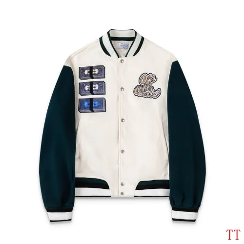 Off-White Cream Dark Green Sleeve Heavy Embroidery Varsity Jacket #A69175