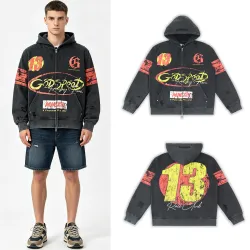 Godspeed Distressed 13 Graphic Zip‑Up Hoodie Streetwear Jacket Black #A67859