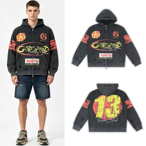 Godspeed Distressed 13 Graphic Zip‑Up Hoodie Streetwear Jacket Black #A67859