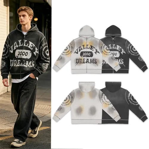 Valley Dreams 2000 Vintage Print Zip‑Up Hoodie Jacket, Multi‑Tone #A67847