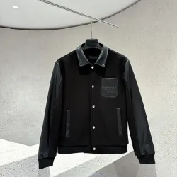 Prada Dark Style Varsity Baseball Jacket, Black Leather & Wool Blend #A69037