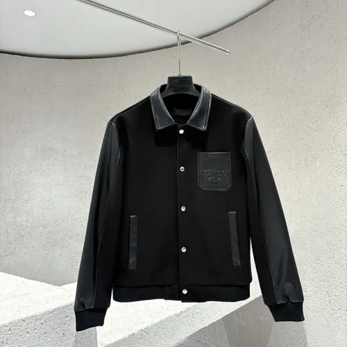 Prada Dark Style Varsity Baseball Jacket, Black Leather & Wool Blend #A69037