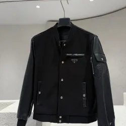 Prada Dark Style Wool Leather Varsity Bomber Jacket, Black #A69030