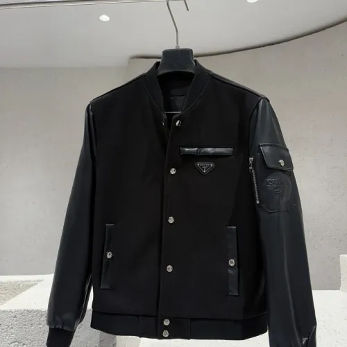 Prada Dark Style Wool Leather Varsity Bomber Jacket, Black #A69030