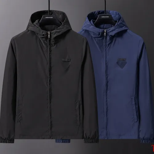 Prada Hooded Windbreaker Jacket Men Casual Zip‑Up Outerwear, Black, Navy Blue #A68166