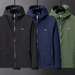 Prada Hooded Zip‑Up Windbreaker Jacket Men Casual Outerwear, Black, Navy Blue, Army Green #A68169
