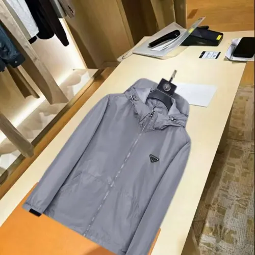 Prada Triangle Logo Hooded Full‑Zip Windbreaker Jacket, Light Gray #A68453