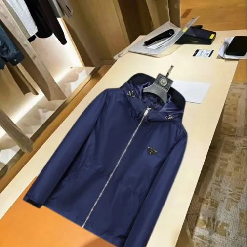 Prada Triangle Logo Hooded Full‑Zip Windbreaker Jacket, Navy #A68454