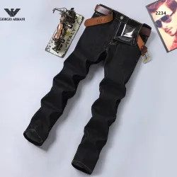 Armani Style Men's Black Denim Jeans, Eagle Logo Straight‑Leg Stretch Business Casual Long Pants #A67618