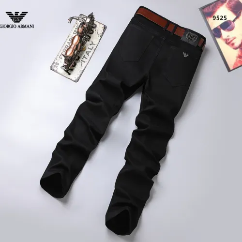 Armani Style Men's Black Slim Stretch Denim Jeans, Embroidered Eagle Logo Business Casual Long Pants #A67614