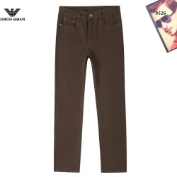 Armani Style Men's Brown Denim Jeans, Embroidered Eagle Logo Straight‑Leg Stretch Business Casual Pants #A67613