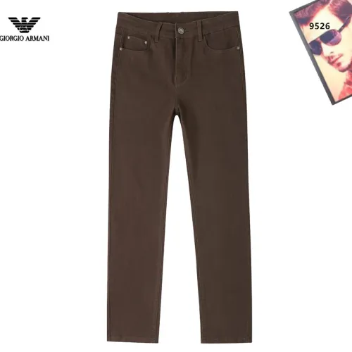 Armani Style Men's Brown Denim Jeans, Embroidered Eagle Logo Straight‑Leg Stretch Business Casual Pants #A67613