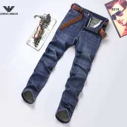 Armani Style Men's Dark Blue Denim Jeans, Eagle Logo Straight‑Leg Stretch Business Casual Pants #A67617