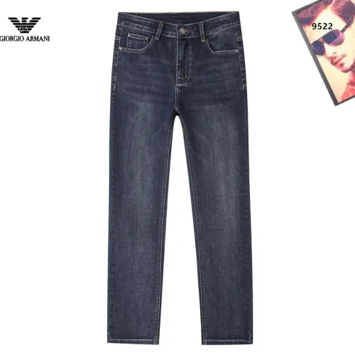 Armani Style Men's Dark Blue Washed Denim Jeans, Eagle Logo Straight‑Leg Stretch Business Casual Pants #A67615