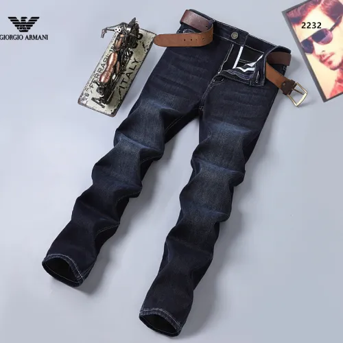 Armani Style Men's Dark Blue Washed Denim Jeans, Eagle Logo Straight‑Leg Stretch Business Casual Pants #A67619