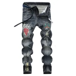 Nostalgic ripped appliqué locomotive men's jeans #99908622
