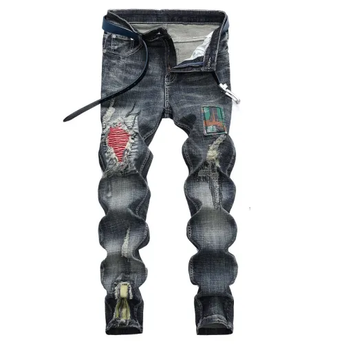 Nostalgic ripped appliqué locomotive men's jeans #99908622