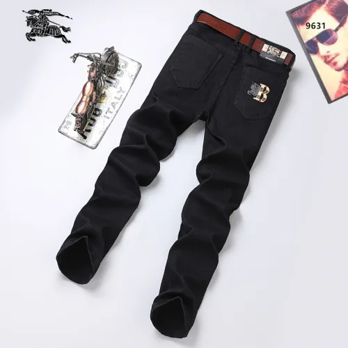 Burberry Style Men's Black Denim Jeans, Embroidered Logo Pocket Slim Stretch Business Casual Long Pants #A67610