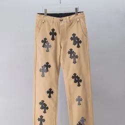 Chrome Hearts Checkered Cross Patch Denim Straight Pants, Khaki #A68220