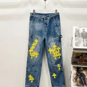 Chrome Hearts Style Blue Denim Jeans With Yellow Cross Patches For Bold Street Fashion #B54230