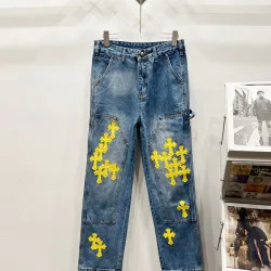 Chrome Hearts Style Blue Denim Jeans With Yellow Cross Patches For Bold Street Fashion #B54230