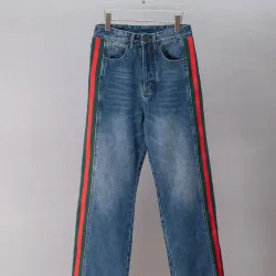 Gucci Side Web Stripe Vintage Wash Straight Leg Denim Jeans, Blue #A67845
