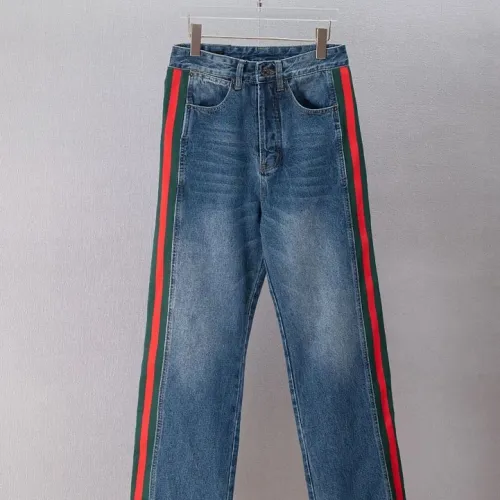 Gucci Side Web Stripe Vintage Wash Straight Leg Denim Jeans, Blue #A67845