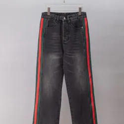 Gucci Web Stripe Vintage Washed Straight‑Leg Denim Jeans, Black #A67846