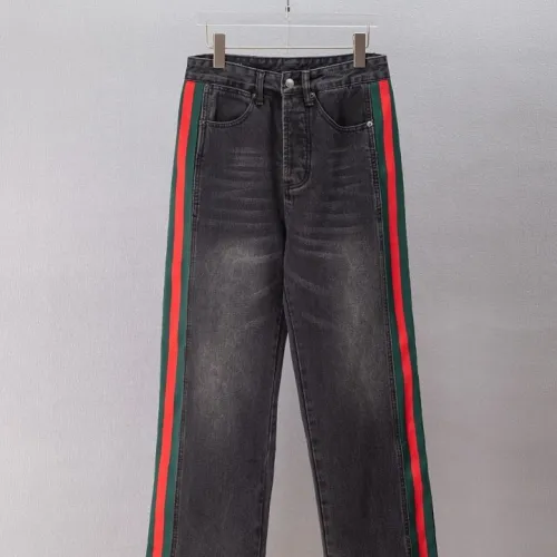 Gucci Web Stripe Vintage Washed Straight‑Leg Denim Jeans, Black #A67846