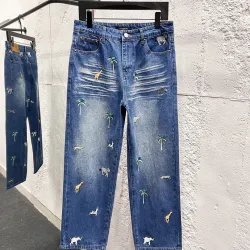 LV x Pharrell Animal Landscape Logo Embroidered Straight‑Leg Jeans #A67674