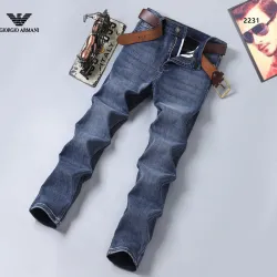 Armani Men’s Washed Blue Denim Jeans Classic Logo Embroidery Straight‑Leg Pants #A67622