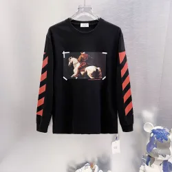 Off-White Horse Oil Painting Long Sleeve Tee Men Arrow Diagonal Stripe Casual Streetwear T-Shirt #A67431