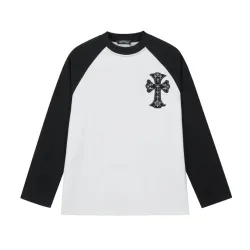 Chrome Hearts Cross Patch Raglan Long‑Sleeve Tee, Red‑White, Black‑White #A68240