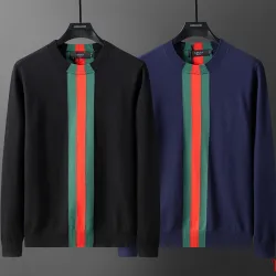 Gucci Web Stripe Crew-Neck Knit Sweater, Black, Navy Blue #A68189