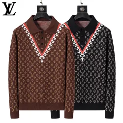 Louis Vuitton Men Monogram Jacquard Polo Knit Sweater Brown, Black #A69327